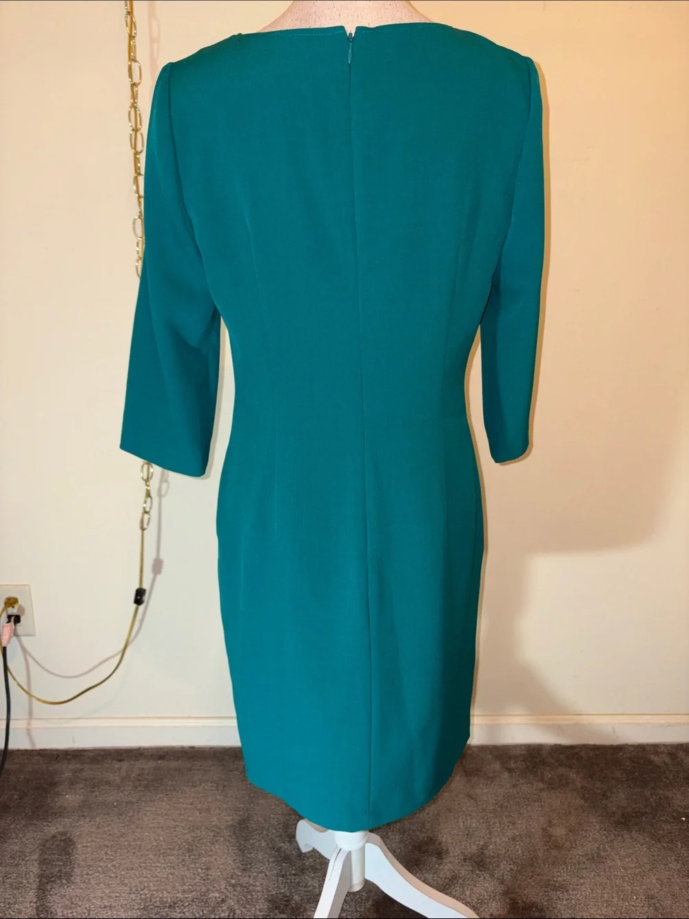 Adrianna Papell teal v neck lace floral 3/4 length sleeve sheath midi dress